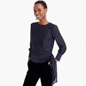J.Crew 365 Blouse Womens 10 Navy Stripe Sheer Side Tie Bow Long Sleeve Top
